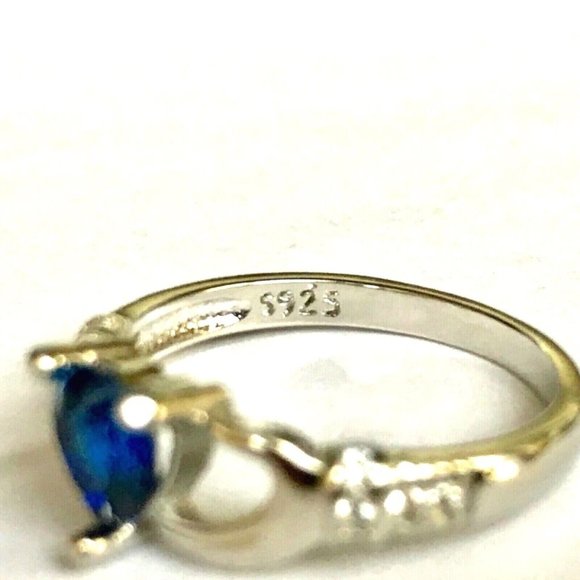 Claddagh Ring Size 7 Silver Plated Irish Celtic Blue Cubic Zirconia Heart Love - Picture 7 of 9